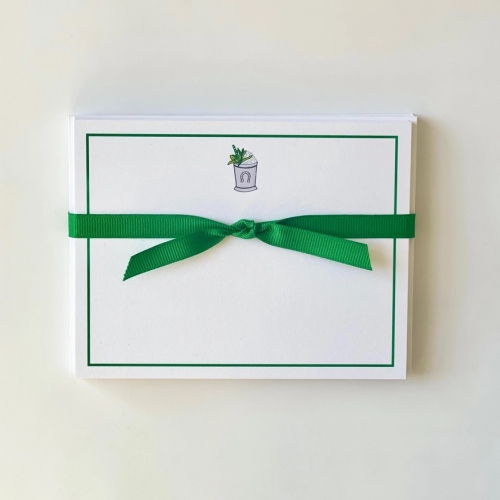 Mint Julep Flat Note Cards Set of 10 flat note cards and envelopes.  
5.5 x 4.25\.
Tied with coordinating ribbon and packaged in clear bag.
Ultra white paper stock
Made in United States


